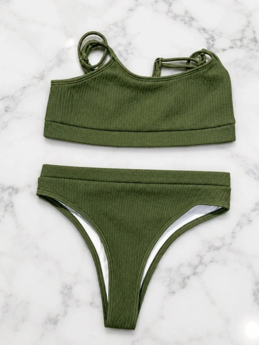 Olive Green Ribbed High Waisted Bikini Set Size M